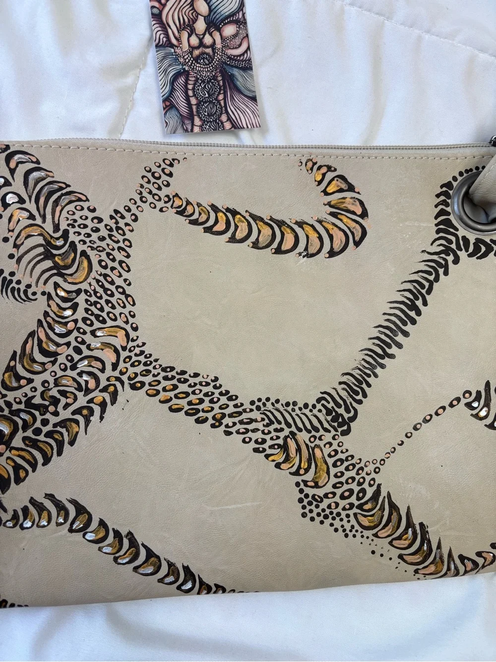 Wristlet Clutch in Taupe with Black and Metallic Accents. Hand painted